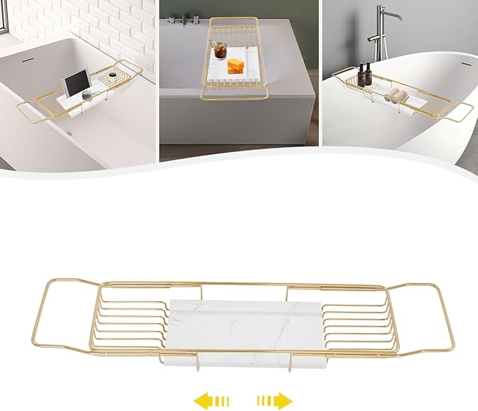 Bath Tub Tray Expandable Bathtub Tray 26.77-35.43 in, Bathtub Trays with Marble Board Bath Trays for Tub Luxury Bathtubs & Bathroom Accessories for Relaxing Spa,Suitable for Bathtubs Gold