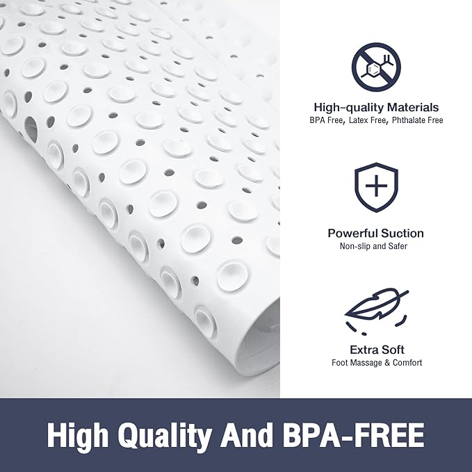 White Square Shower Bathtub Mat Non Slip 21x21 Inch, Soft Bath Mat for Inside Shower Tub, Shower Stall Mats for Bathroom Floor with Big Suction Cups Drain Holes, Easy Washable Dry BPA-Free