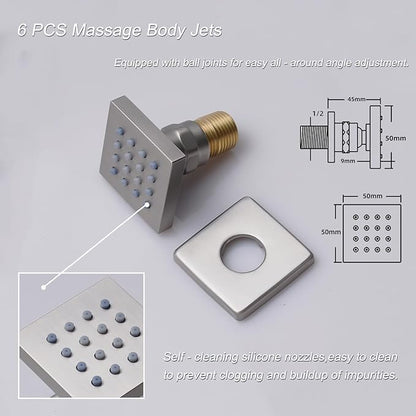 Brushed Nickel 4 Way Full Body Thermostatic Shower Faucet System 12 Inch Luxury Rain Shower System with Tub Spout, Handheld Shower and 6 PCS Body Jets Shower Fixtures