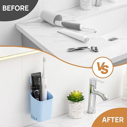 LEVERLOC Powerful Suction Cup Toothbrush Holder, Drill-Free Wall Shower Holder for Toothbrush, Toothpaste, Razor, Self-draining Kitchen Tableware Organizer, Removable Suction Cup in Shower, Blue