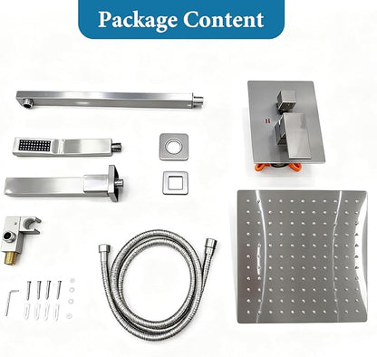 12 inch Square Shower Head and Handheld Set, Gasecoet Shower System with Tub Spout Wall Mounted Shower Faucet for Bathroom - Brushed Nickel (With Shower Valve)
