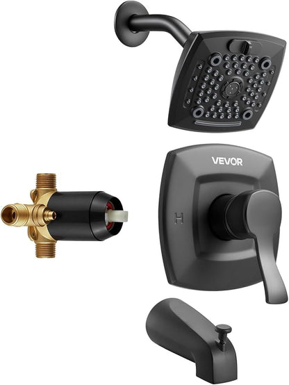 VEVOR Tub and Shower Faucet Set, Complete with 5.1-Inch Rainfall Shower Head and Bathtub Spout, 5-Setting Adjustable Spray, Single-Handle Tub Trim Kit with Brass Pressure Balancing Valve, Matte Black