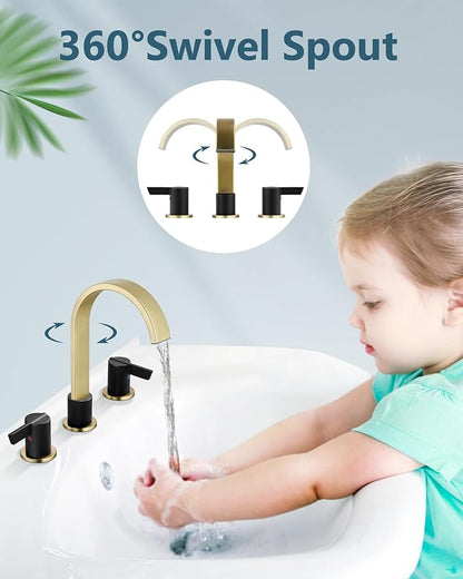 Aolemi Bathroom Faucets 3 Hole,8 Inch Widespread Waterfall Bathroom Sink Faucet,2 Handles Vanity Faucet with Pop-up Drain and Supply Hose,Brushed Gold and Matte Black