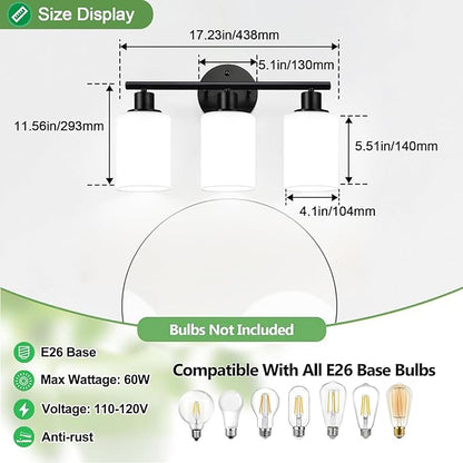 3-Light Bathroom Light Fixtures, Black Modern Vanity Lights with Milky White Frosted Glass Shades, Bathroom Wall Lamp for Mirror Kitchen Living Room Hallway Cabinet Porch