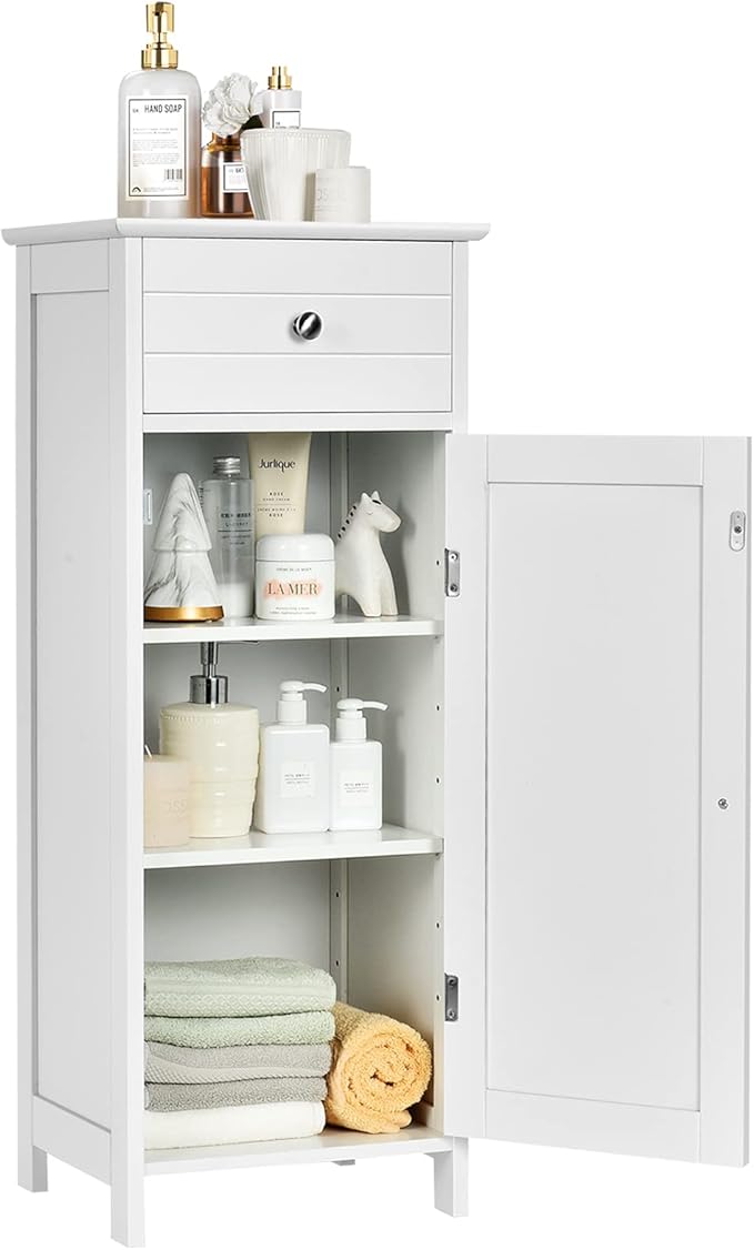 DORTALA Bathroom Floor Cabinet, Free-Standing Wooden Floor Storage Cabinet w/Large Drawer & 2 Adjustable Shelves, Morden Side Storage Bathroom Organizer for Living Room, White