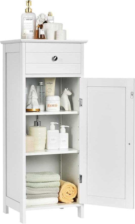 DORTALA Bathroom Floor Cabinet, Free-Standing Wooden Floor Storage Cabinet w/Large Drawer & 2 Adjustable Shelves, Morden Side Storage Bathroom Organizer for Living Room, White
