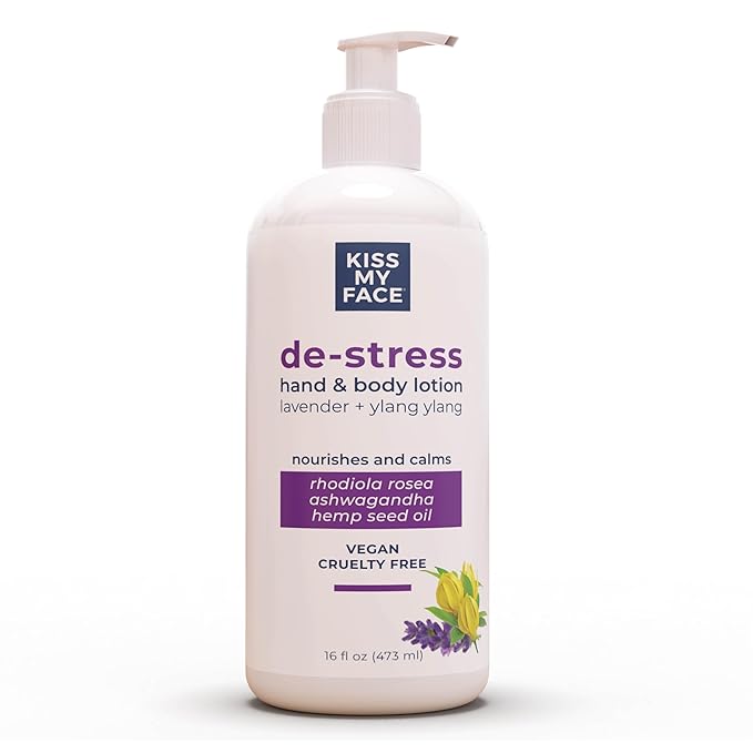 Kiss My Face De-Stress Hand & Body Lotion Lavender + Ylang Ylang - Cruelty-Free and Vegan Lotion for Dry Skin - 16 oz Bottle with Pump (Lavender & Ylang Ylang, Pack of 1)