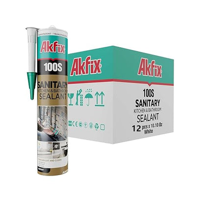 Akfix 100S RTV 100% White Silicone Caulk (12x10.1 fl.oz.) - Kitchen and Bathroom Applications, Waterproof & Low Odor Sealant for, Bathtub, Shower, Sink - Anti Shrink Caulking | White, 12 Pack
