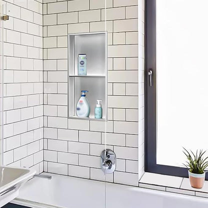 Neodrain No Tile Shower Niche, Stainless Steel Wall Niche 13.1"X25.1"(Inner Size 12"X24"), Two-Tier Bathroom Shelf Waterproof Cubby, NO Tile Needed Recessed Cabinet for Bathroom Storage