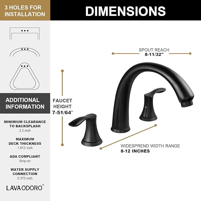 Lava Odoro Black Roman Tub Faucet with Valve, 8 inch Widespread Bathtub Faucet with Valve, High Flow 2 Handle Deck Mount Tub Faucet, Solid Brass 3 Hole Bath Tub Filler TF405-MB