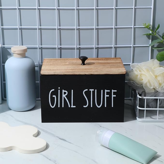 Wooden Tampon Storage Box for Bathroom, 3 Compartment Sanitary Napkin Organizer with Lid, Farmhouse Cotton Ball Holder, Feminine Product Container for Back of Toilet