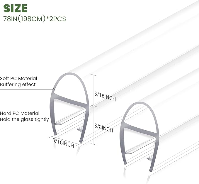 Shower Door Seal Strip, 2 Pack*78" L U-Shape Shower Door Side Seal Bottom Seal Door Sweep for 5/16" (8mm) Thick Glass, Ultra-Clear Polycarbonate Strip Water Barrier