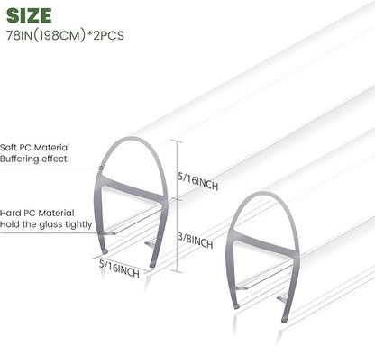 Shower Door Seal Strip, 2 Pack*78" L U-Shape Shower Door Side Seal Bottom Seal Door Sweep for 5/16" (8mm) Thick Glass, Ultra-Clear Polycarbonate Strip Water Barrier