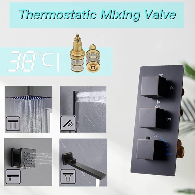 Oil Rubbed Bronze Thermostatic Shower System 4 Way Full Body Shower System with Tub Spout, Luxury 12 inch Ceiling Mounted LED Rain Shower Head, Handhled Spray and 6 PCS Body Jet
