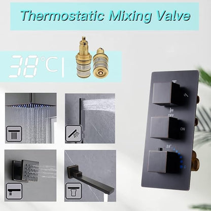 Oil Rubbed Bronze Thermostatic Shower System 4 Way Full Body Shower System with Tub Spout, Luxury 12 inch Ceiling Mounted LED Rain Shower Head, Handhled Spray and 6 PCS Body Jet