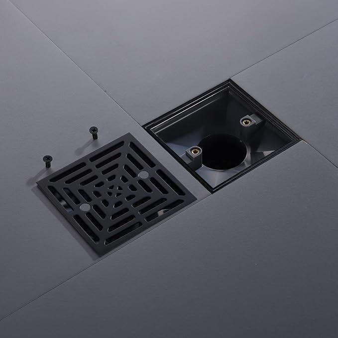 4-1/4 Inch Black Shower Drain Square, Base with Adjustable Drain Flange Kit PVC, Removable Grille Strainer Drain Cover with Screws, SUS304 Stainless Steel