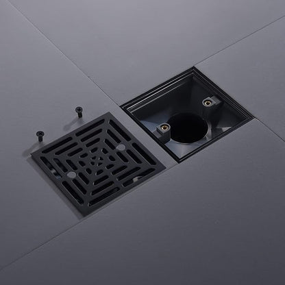 4-1/4 Inch Black Shower Drain Square, Base with Adjustable Drain Flange Kit PVC, Removable Grille Strainer Drain Cover with Screws, SUS304 Stainless Steel