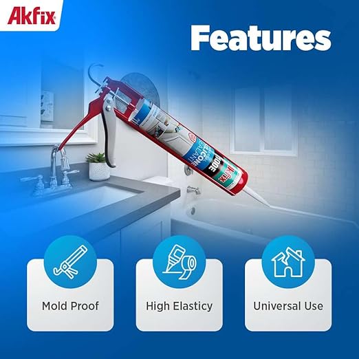 Akfix 100E RTV Translucent Silicone Caulk (12x10.1 fl.oz.)- 100% Waterproof Silicone Sealant for Kitchen and Bathroom, Shower, Bathtub, Toilet, Sink, Window & Door, No Discoloring |Translucent 12 Pack
