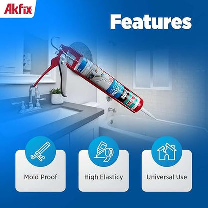 Akfix 100E RTV Translucent Silicone Caulk (12x10.1 fl.oz.)- 100% Waterproof Silicone Sealant for Kitchen and Bathroom, Shower, Bathtub, Toilet, Sink, Window & Door, No Discoloring |Translucent 12 Pack