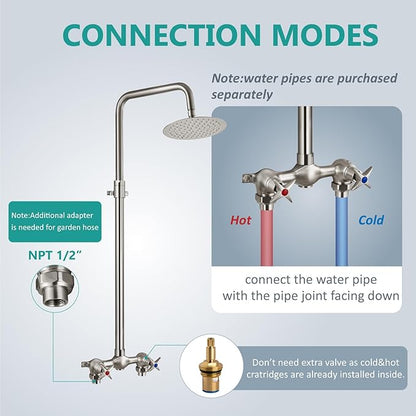 Aolemi Outdoor Shower Kit Outdoor Shower Fixtures Faucet System Double Handle Exposed Shower with 8 Inch Rainfall Shower Head Adjustable Height Shower Pipe 6 Inch Center Brushed Nickel
