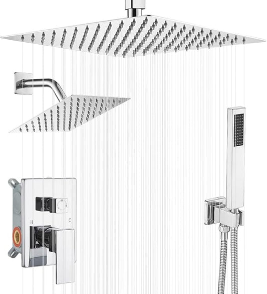 Shower Faucet Set Polished Chrome Shower System, Knob Switch Diverter Shower Faucet with High Pressure Handheld Spray, Ceiling Mount 12 Inch Shower Head with 6 Inch Wall Mount Shower Head