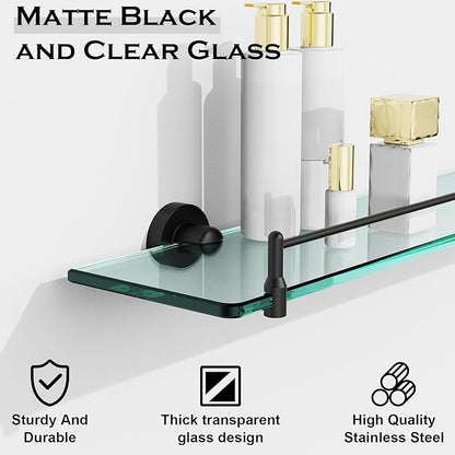 24 Inch Glass Bathroom Shelves,Matte Black Floating Shelves for Wall Rectangular Modern Stainless Steel Glass Shelf for Bathroom Shelves Wall Mounted