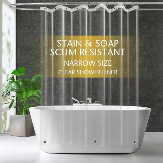 Narrow Size Clear Plastic Shower Curtain Liner, 60x72 Inch Thin Lightweight Transparent Plastic Bathroom Shower Showroom Inner Curtain with Rustproof Metal Grommet Holes and Weighted Magnets