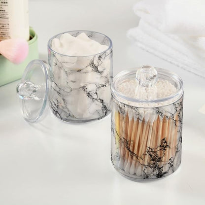 MNSRUU 2 Pack Qtip Holder Organizer Dispenser Stylish White Marble Texture Bathroom Storage Canister Cotton Ball Holder Bathroom Containers for Cotton Swabs/Pads/Floss