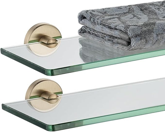 JQK Bathroom Glass Shelf, Tempered Glass Shower Storage 12 by 5 inches, 304 Stainless Steel Champagne Bronze Wall Mount 2 Pack, TGS101L12-CB-P2