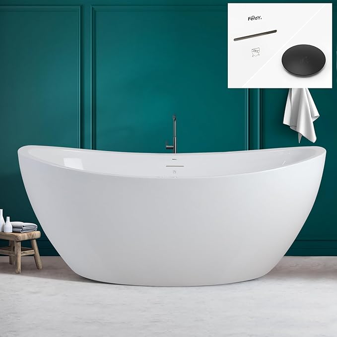 FerdY Naha 67" Freestanding Bathtub, Curve Edge Soaking Bathtub with Matte Black Drain and Minimalist Linear Design Overflow, Easy to Install 588