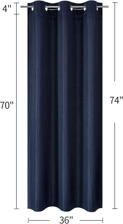 MitoVilla No Hooks Needed Small Stall Shower Curtain Liner Set 36 x 74, Navy Blue Waffle Half Size Narrow Waffle Weave Fabric Shower Curtain Set with Snap-in Liner for Modern Spa-Like Bathroom Decor
