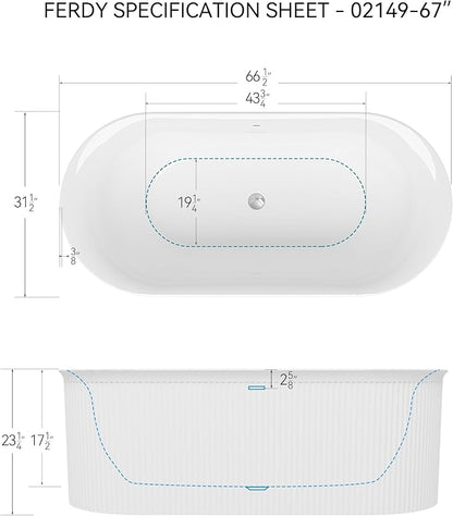 FerdY Nami 67" Acrylic Freestanding Bathtub, V Shape Freestanding Soaking Acrylic Bathtub, Modern White, cUPC Certified, Chrome Drain and Classic