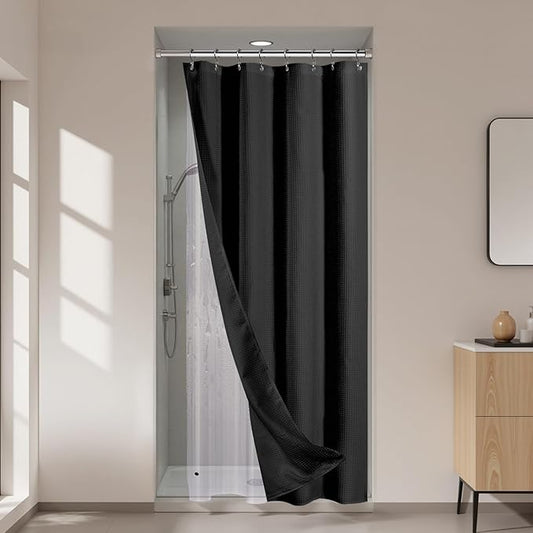 River Dream 3 in 1 Shower Curtain Set, Stall Waffle Fabric Shower Curtain and Waterproof Clear Liner Set with Double Sided Metal Hooks, Black, 36" W*72" H