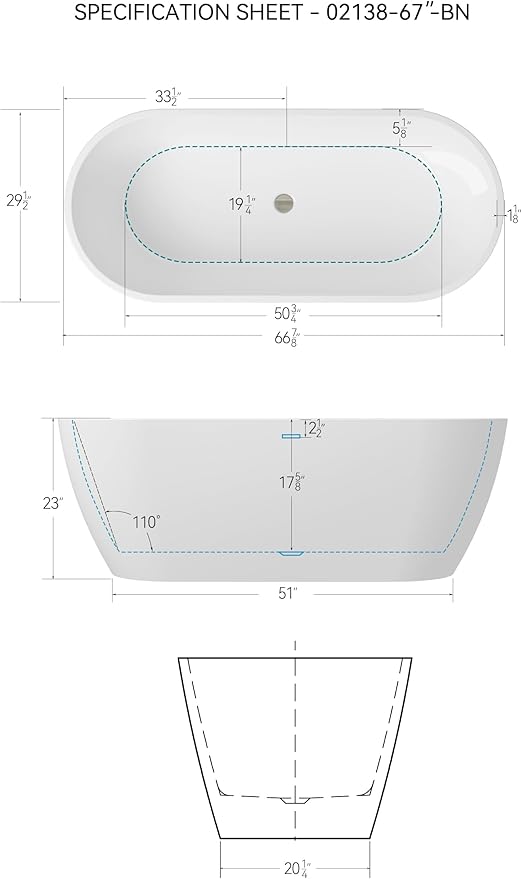 FerdY 67" Bali Elite Acrylic Freestanding Bathtub, Gracefully Shaped Freestanding Soaking Bathtub, Toe-Tap Brushed Nickel Drain and Minimalist Linear Design Overflow Included, cUPC Certified