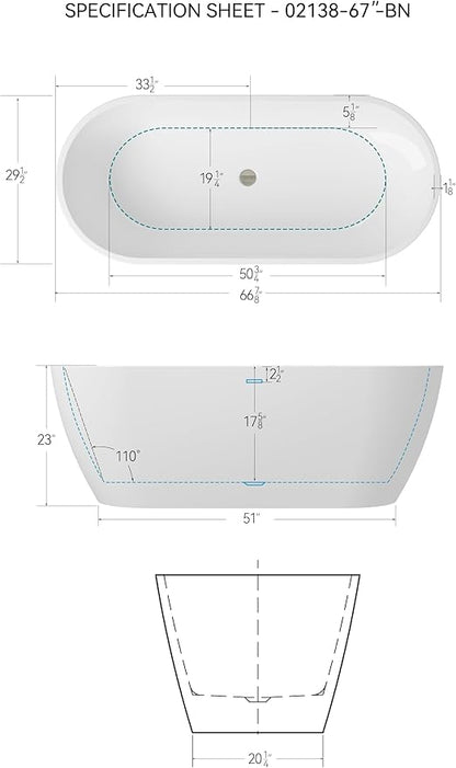 FerdY 67" Bali Elite Acrylic Freestanding Bathtub, Gracefully Shaped Freestanding Soaking Bathtub, Toe-Tap Brushed Nickel Drain and Minimalist Linear Design Overflow Included, cUPC Certified