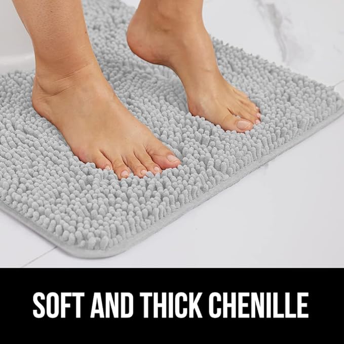 GORILLA GRIP Bath Rug Mat 30x20, Soft Absorbent Chenille, Quick Dry Microfiber Mats, Rubber Backing Washable Shower Floor Rugs, Bathmat Runner, US Designed Bathroom Home Decor Accessories Light Gray
