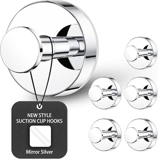 BKV Suction Cup Hooks for Glass Window,Removable Shower Hooks for Inside Shower,Metal Towel Hooks for Bathrooms,6 Pack(Mirror)