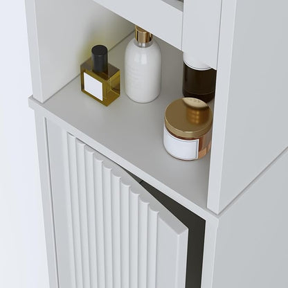 71" H Tall Bathroom Storage Cabinet, Narrow Bathroom Cabinet with Glass Door Slim Cabinet with Adjustable Shelf Skinny Linen Tower Thin Linen Storage for Small Space, Cream White