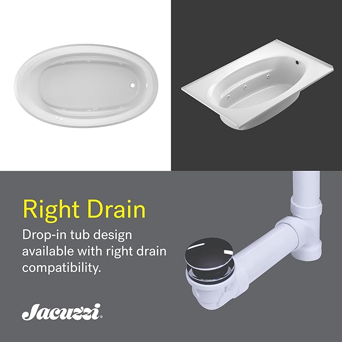 Jacuzzi SIGNATURE Acrylic Drop-In Bathtub, Heated Jet Massage Tub, Slip Resistant, Right Drain Placement, 66" (L) x 38" (W), Oval, White