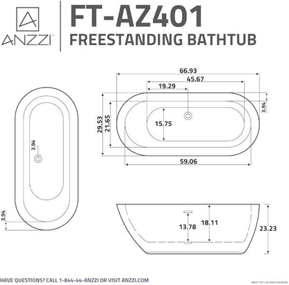 ANZZI Freestanding Tub 67”, Soaker Tub, Acrylic Center Drain, Luxury Spacious, Deep Soaker Bathtub with Overflow and Drain, Modern Slip-Resistant Floor (FT-AZ401)