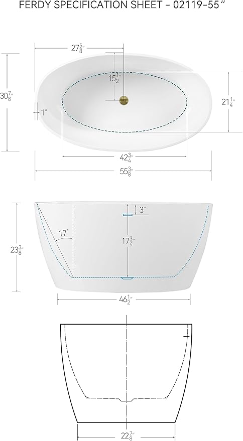 FerdY Tahiti 55" Acrylic Freestanding Bathtub, Elegant Oval Shape Soaking Bathtub, Glossy White, Polished Gold Drain & Integrated Slotted Overflow Assembly Included cUPC Certified