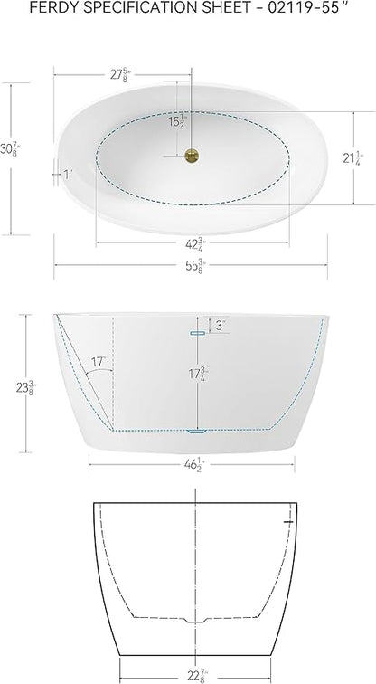 FerdY Tahiti 55" Acrylic Freestanding Bathtub, Elegant Oval Shape Soaking Bathtub, Glossy White, Polished Gold Drain & Integrated Slotted Overflow Assembly Included cUPC Certified