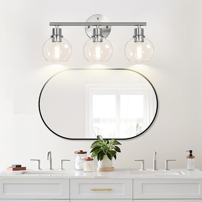 3-Light Bathroom Light Fixtures, Brushed Nickel Modern Vanity Lights Over Mirror with Clear Glass Globe Shade, Bathroom Wall Sconces for Mirror Kitchen Living Room Hallway Cabinet Bedroom Porch