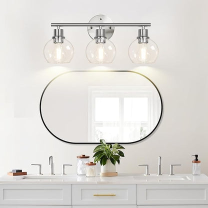 3-Light Bathroom Light Fixtures, Brushed Nickel Modern Vanity Lights Over Mirror with Clear Glass Globe Shade, Bathroom Wall Sconces for Mirror Kitchen Living Room Hallway Cabinet Bedroom Porch