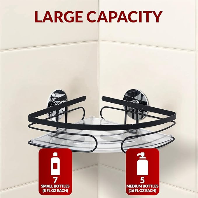 2-Pack Corner Shower Caddy – Rust-Resistant Wall-Mounted Bathroom Organizer with Included No-Drill Adhesives for Shampoo, Soap & Toiletries - Black (1-Layer, Triangle)
