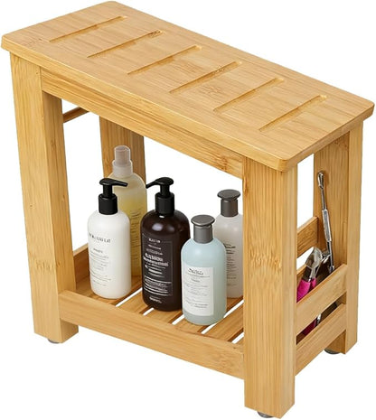Shower Foot Rest, Small Bamboo Foot Stool with Storage Shelf, Shower Stool for Shaving Legs, No Assembly Required, Natural