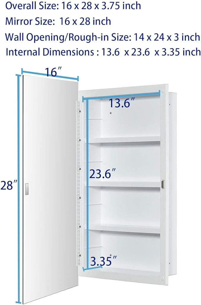 Plastic Medicine Mirror Cabinet for Bathroom 16 x 28 inch, Recessed and Surface Mount