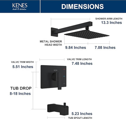 KENES Matte Black Tub Shower Faucet Set Complete with 10-Inch Rainfall Shower Head and Tub Spout, Square Tub and Shower Trim Kit, KE-6024A-2 (Shower Valve Included)