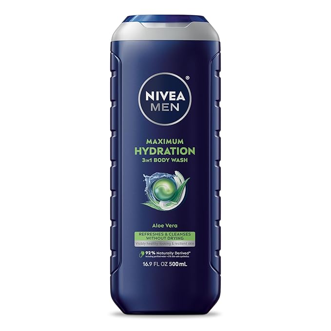 NIVEA MEN Maximum Hydration Body Wash for Dry Skin, Aloe Vera Enriched, 3-in-1 Moisturizing Body Wash, Face and Hair, Paraben Free, Vegan Formula, 16.9 Fl Oz Bottle