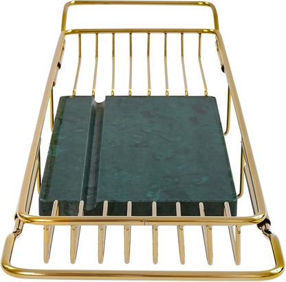 Bathtub Tray Caddy for Luxury Bath, Stainless Steel 26.8-35.4 in Expandable Extra Wide Bath Tub Tray with Natural Marble and Mobile/Tablet Stand, Ideal for Home Spa Lovers (Gold + Green)